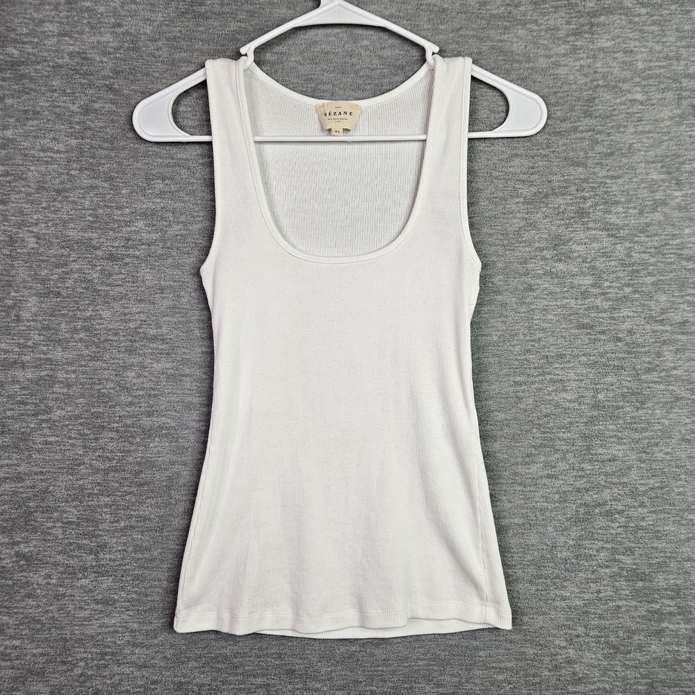 Sezane Women's XS White Ribbed Tank Top Sleeveless Stretch Knit Square neck